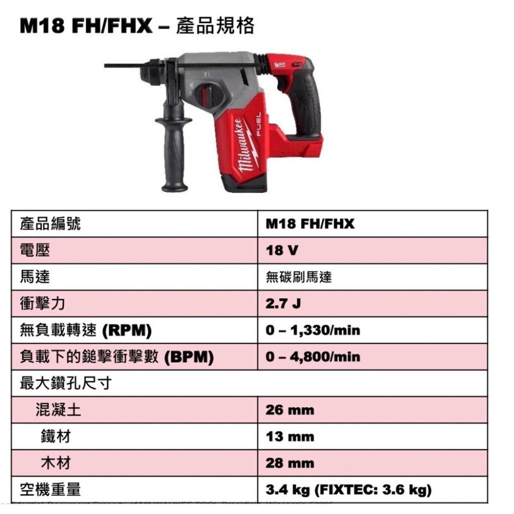 台北益昌 原廠公司貨 保固一年 美沃奇 米沃奇 18V 無碳刷 免出力 鎚鑽 電鑽 3模式 M18FH M18 FH-細節圖7