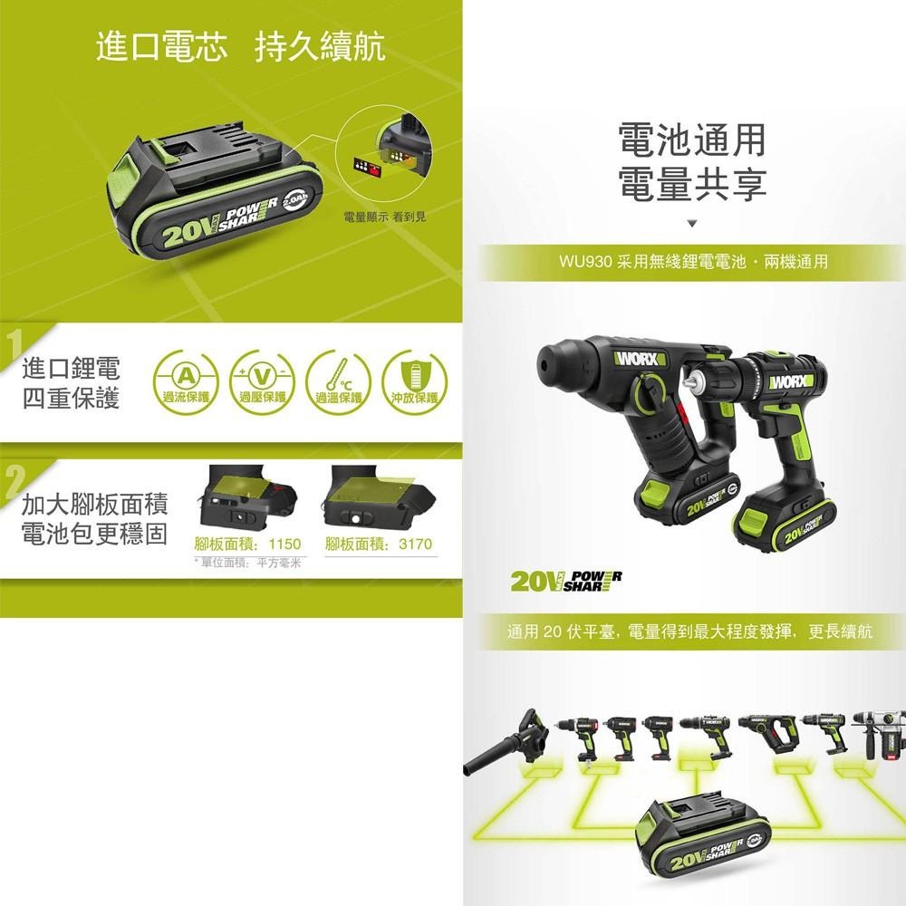 台北益昌 WORX 威克士 20V 鋰電 鎚鑽+電鑽 雙機組 (WU930) 原廠公司貨-細節圖4