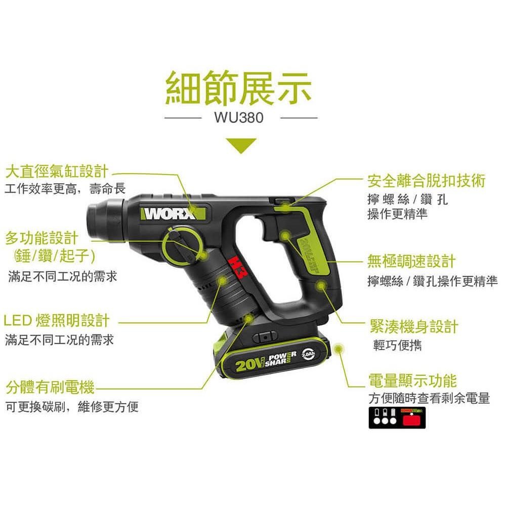 台北益昌 WORX 威克士 20V 鋰電 鎚鑽+電鑽 雙機組 (WU930) 原廠公司貨-細節圖5