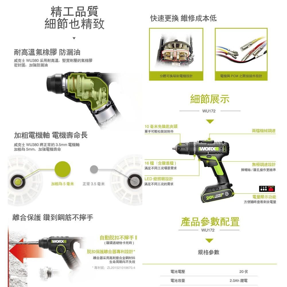 台北益昌 WORX 威克士 20V 鋰電 鎚鑽+電鑽 雙機組 (WU930) 原廠公司貨-細節圖7