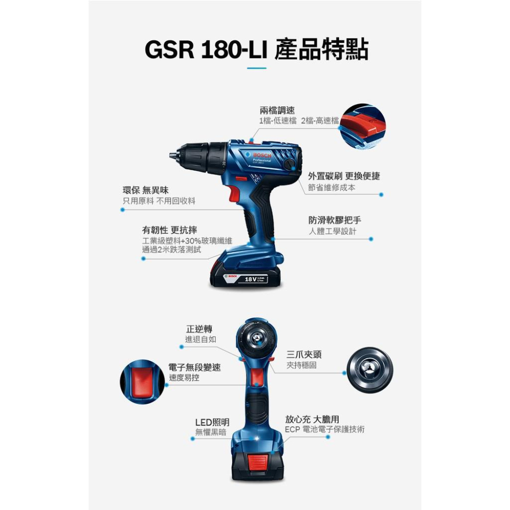 台北益昌 BOSCH 博世 18V 鋰電 電鑽 起子機 GSR 180-LI 空機 原廠公司貨-細節圖6