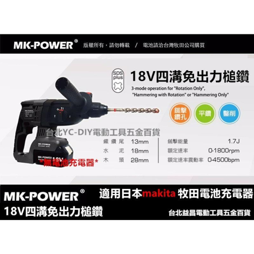 台北益昌 makita 電池共用 強力型 MK-POWER 18V 鋰電 無線 免出力 鎚鑽