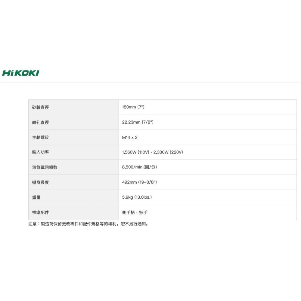 【台北益昌】HIKOKI 7吋 平面 砂輪機 G18SE4 180mm (110V 220V) G18SE3 升級-細節圖2
