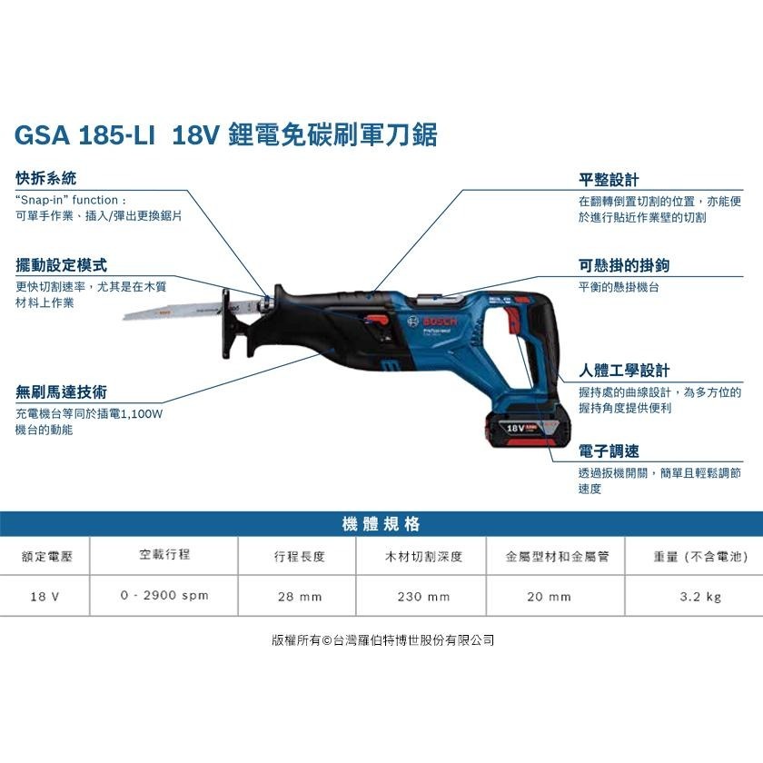 【台北益昌】 德國 BOSCH 博世 GSA 185-LI 18V 鋰電 充電式 免碳刷 軍刀鋸-細節圖2