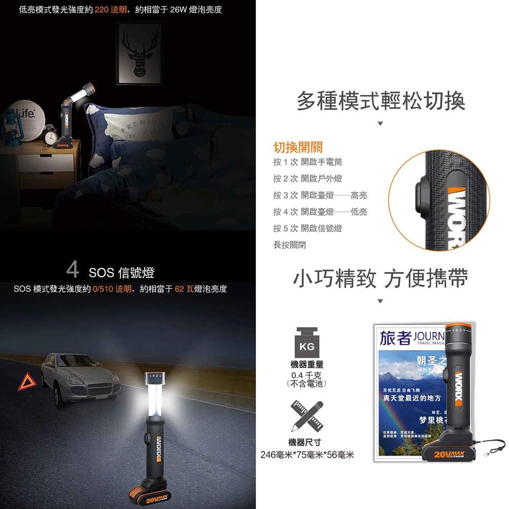 台北益昌 WORX 威克士 鋰電 多功能 LED燈 空機 (WX027.9) 原廠公司貨-細節圖4