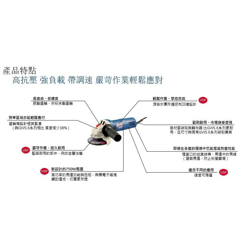 台北益昌贈原廠切片*1 BOSCH 可調速 手持式 平面 砂輪機4＂ GWS 750-100S 750-100 S-細節圖2