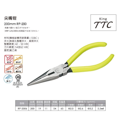 【台北益昌】日本 角田 TTC RP-200S 彈簧 尖嘴鉗 剪斷鉗 電工鉗 長型 附彈簧 尖口鉗