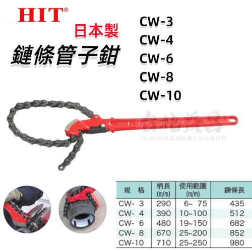 【台北益昌】日本 HIT CW-3 CW-4 CW-6 CW-8 CW-10 鏈條管子鉗 鏈鉗 鏈條鉗