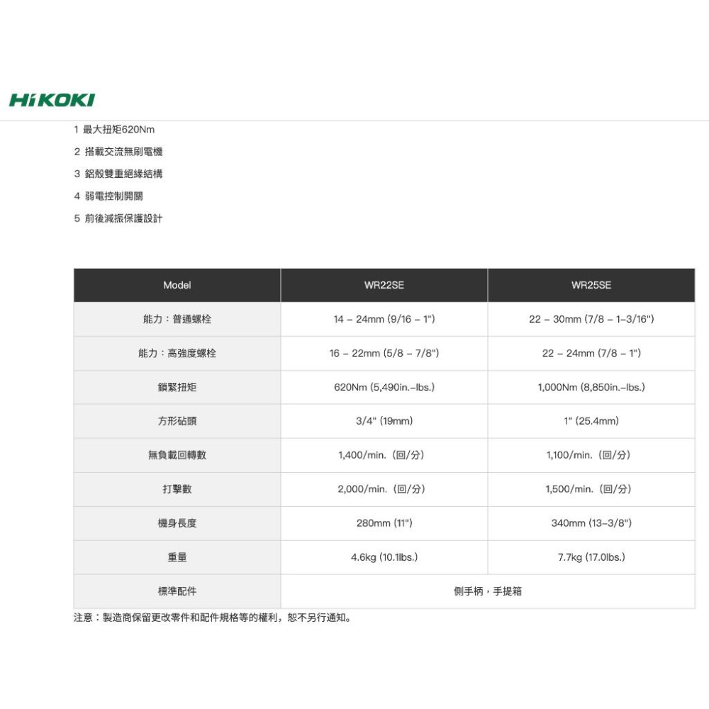 【台北益昌】HIKOKI  WR22SE 無刷 套筒扳手機 22mm 六分 無刷馬達 衝擊式 電動 套筒板手-細節圖2
