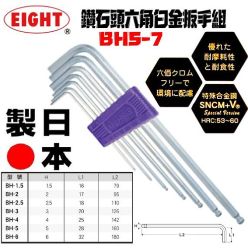 台北益昌 日本 EIGHT六角板手組 7支組 BHS-7 日本製造 球型六角扳手 內六角板手 球頭六角板 L型六角板手