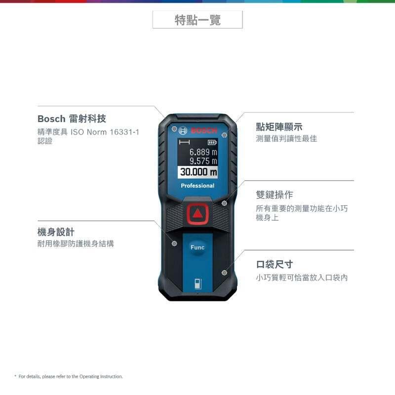 【台北益昌】德國 Bosch 博世 GLM 30-23 最新30米測距儀 高精確度的系統及ISO 16331-1認證-細節圖3