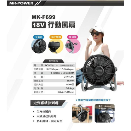 台北益昌 電風扇 MK-F699A 兩用 9吋 手提 MKPOWER LED 調速 電扇 充電 20V 牧田 電池 通用