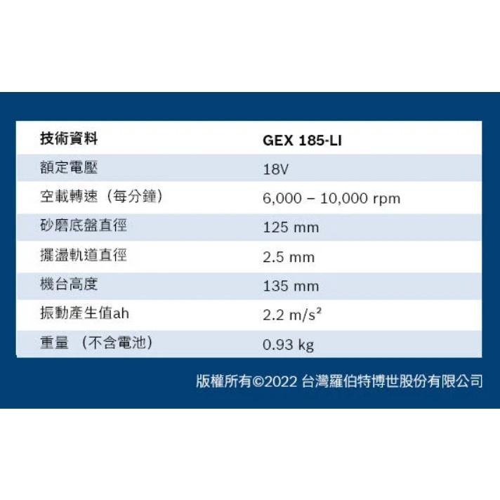 【台北益昌】台灣公司貨 BOSCH GEX 185-LI無刷 18V 鋰電充電5＂ 偏心 砂紙機 打蠟機 打腊機 打臘機-細節圖2