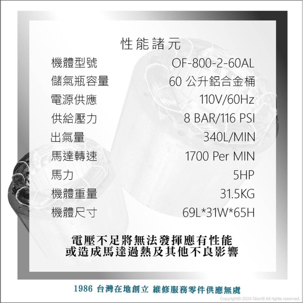 台北益昌加贈風管+風槍 全銅線 風霸 快速型 GFOX 無油式 雙缸 5HP 60L 110V/60Hz 空壓機 壓縮機-細節圖7