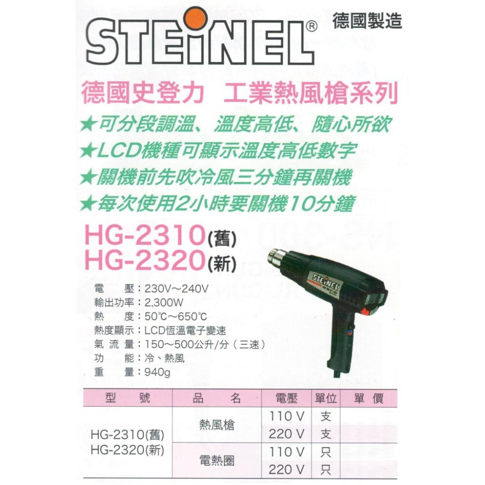 【台北益昌】德國 STEINEL 史登力 HG-2320 (新) (原 HG-2310 ）熱風機 熱風槍 熱烘 熱熔槍-細節圖2