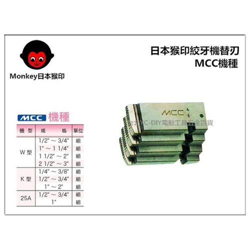 【台北益昌】MONKEY 日本猴印 MCC機種 (白鐵管用) 電動絞牙機用牙板 替刃 (下標請告知規格)