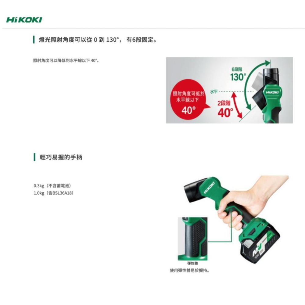 【台北益昌】含稅 HIKOKI  充電式 探照燈 UB18DE 工作燈 LED 鋰電 照明燈 (空機)-細節圖5