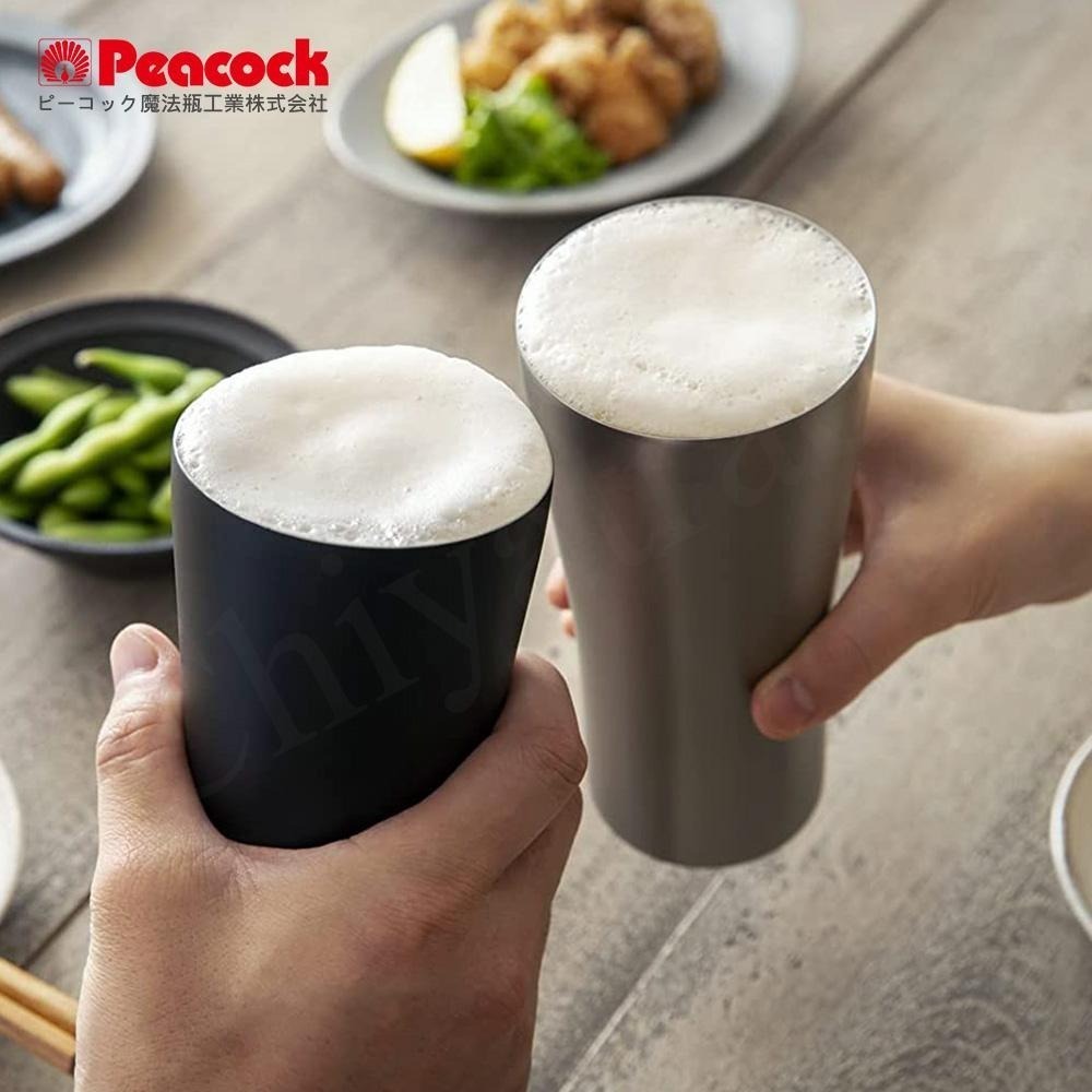 【日本孔雀Peacock】不鏽鋼真空斷熱 居酒屋 保冷保溫 啤酒杯 鋼杯420ML-磨砂黑/原剛色-兩色任選-細節圖4