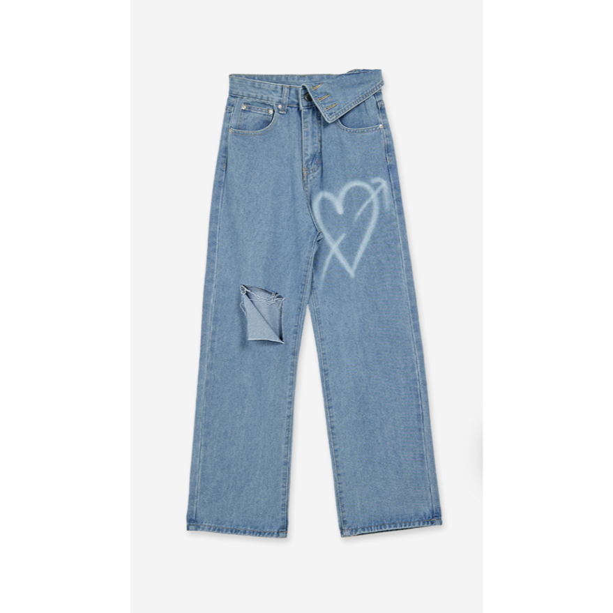 翻釦造型圖樣割破牛仔寬褲- M碼-細節圖4