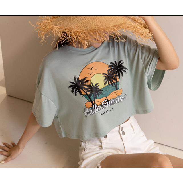 MIT日落印花短版上衣-豆綠色 F-細節圖2