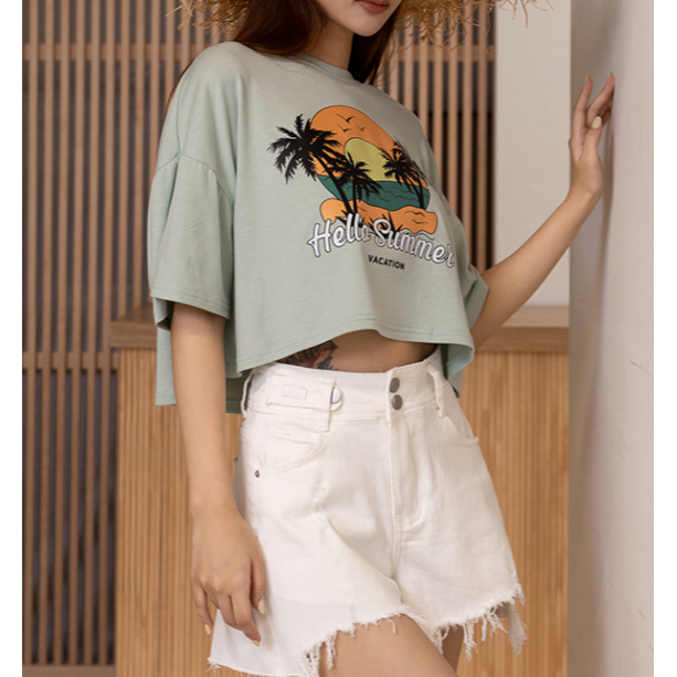 MIT日落印花短版上衣-豆綠色 F-細節圖7