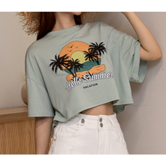 MIT日落印花短版上衣-豆綠色 F-細節圖8