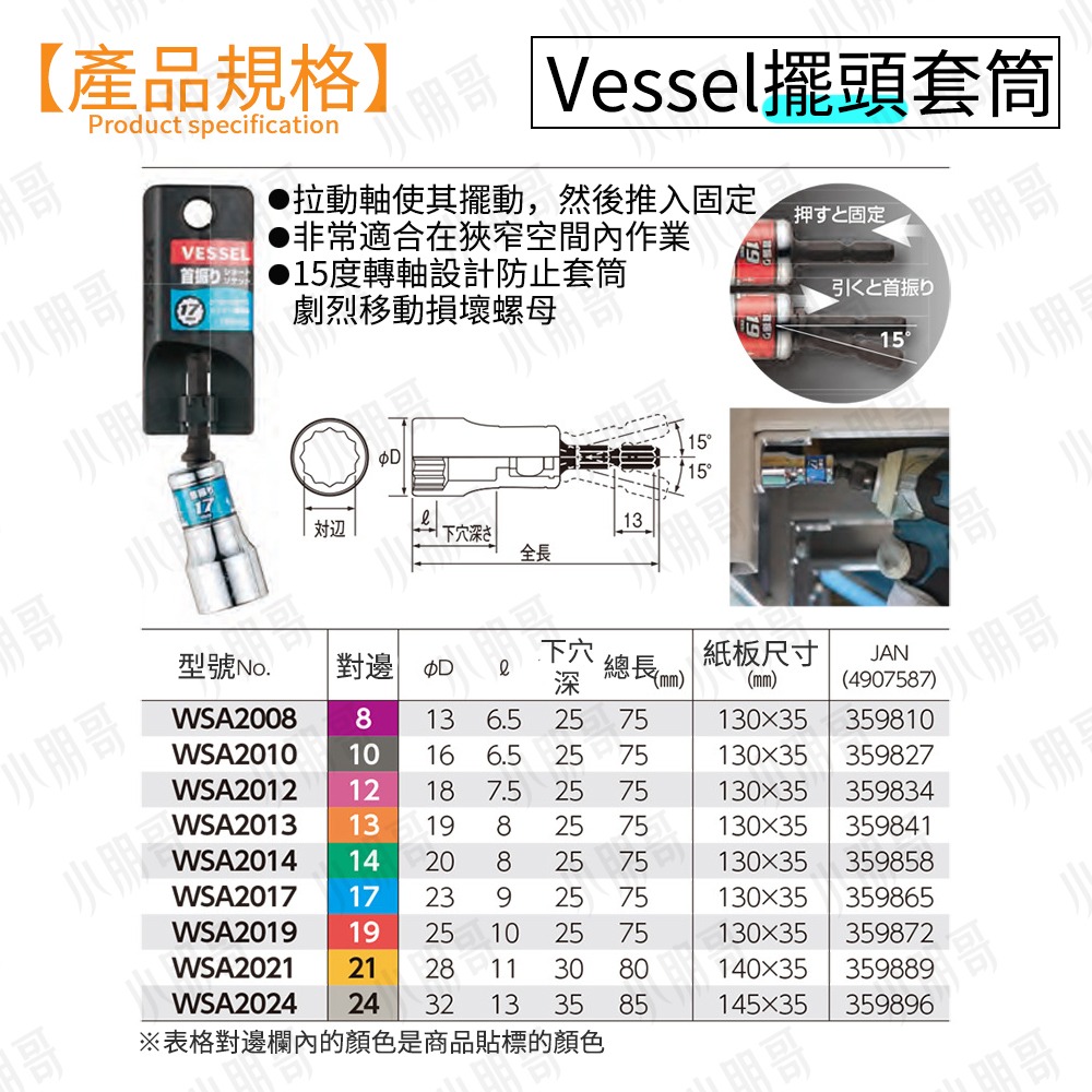 日本 VESSEL 套筒【台灣現貨】六角套筒 長套筒 十字頭套筒 螺母套筒 深孔套筒 鋼鍛套筒 六角柄深孔起子套筒-細節圖6