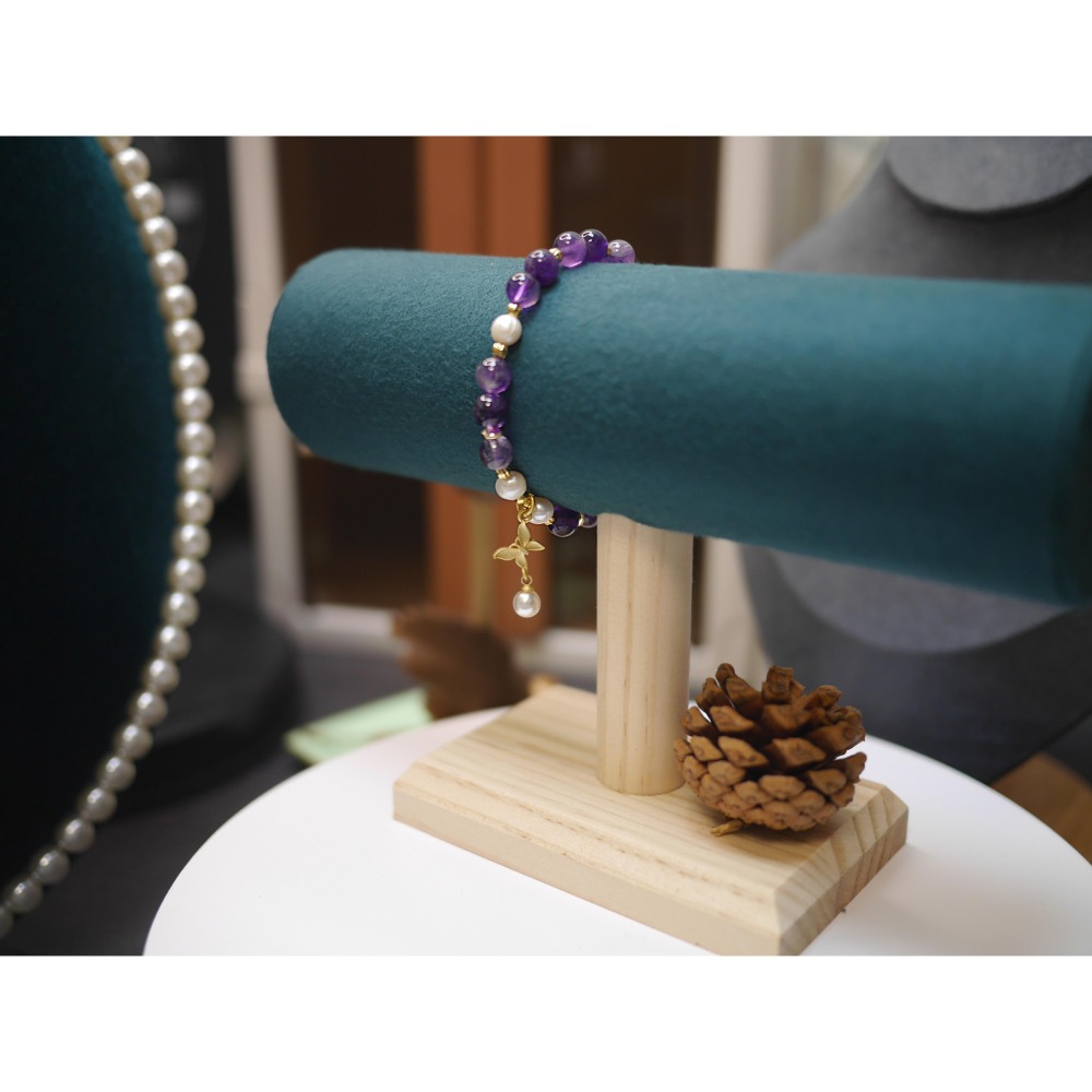 原創設計-紫水晶+珍珠+黃銅彈繩-手珠鍊-細節圖3