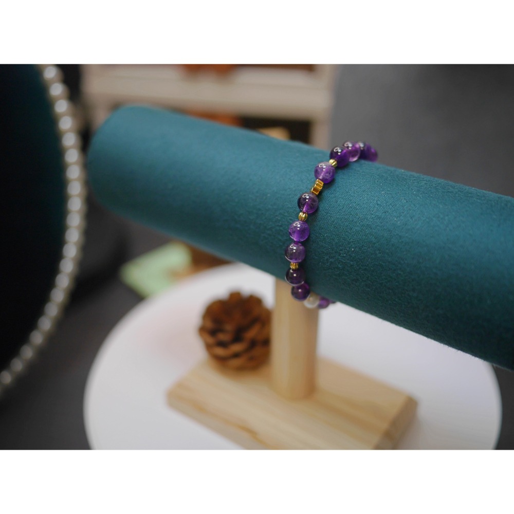 原創設計-紫水晶+珍珠+黃銅彈繩-手珠鍊-細節圖4