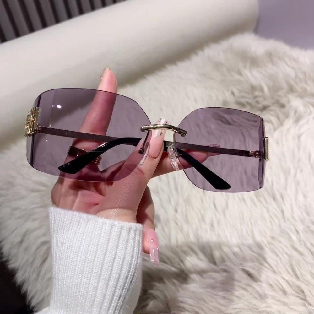 新款 2025 贈送眼鏡盒 凹造型 時尚 甜酷辣妹 金屬無框 太陽眼鏡 墨鏡女 高級感 防紫外線 海邊 贈送眼鏡盒!-細節圖3