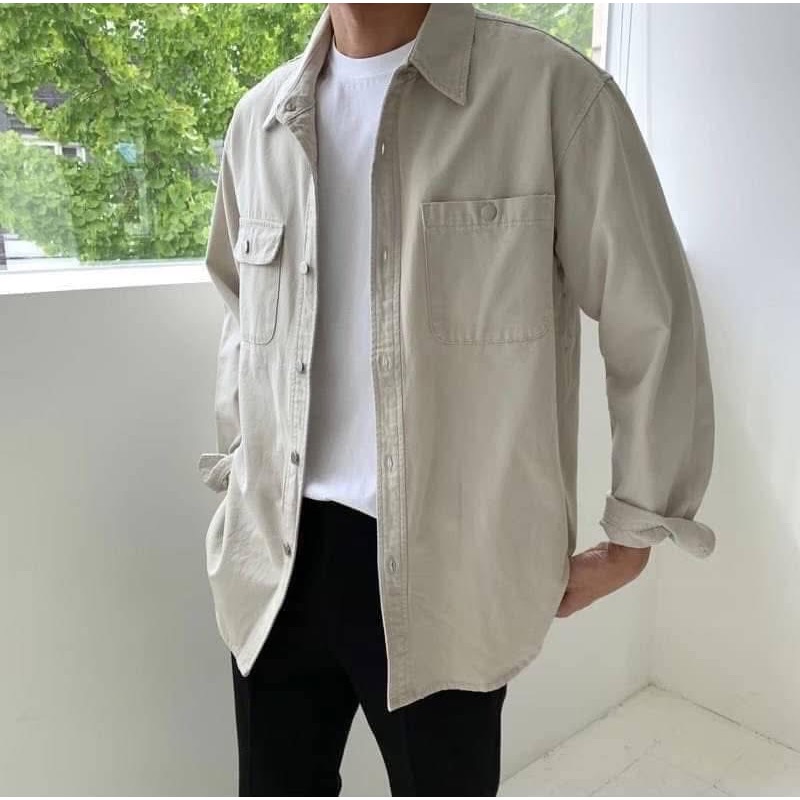 韓國素面高磅休閒軍裝風長襯衫-細節圖4