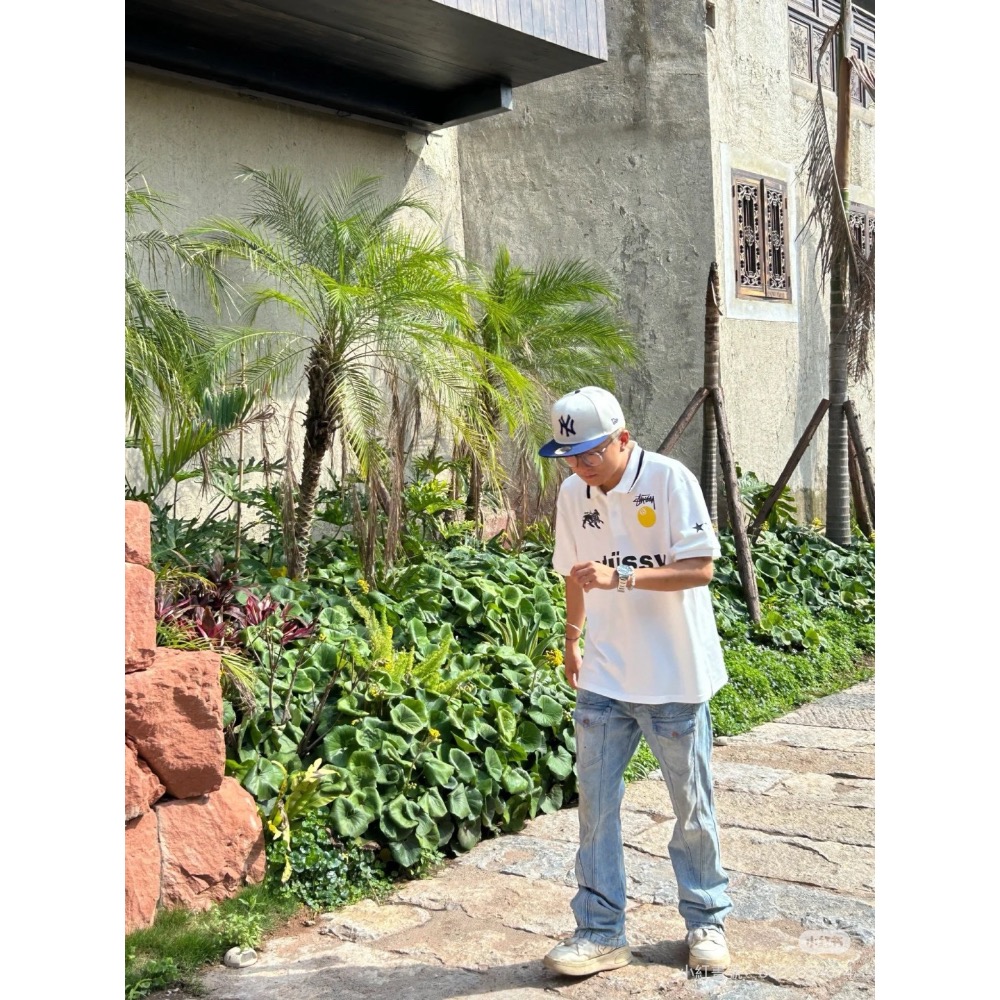 Stussy 黑8字母圖案logo印花休閒情侶寬松短袖POLO衫-細節圖2