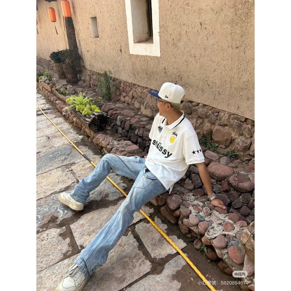 Stussy 黑8字母圖案logo印花休閒情侶寬松短袖POLO衫-細節圖3