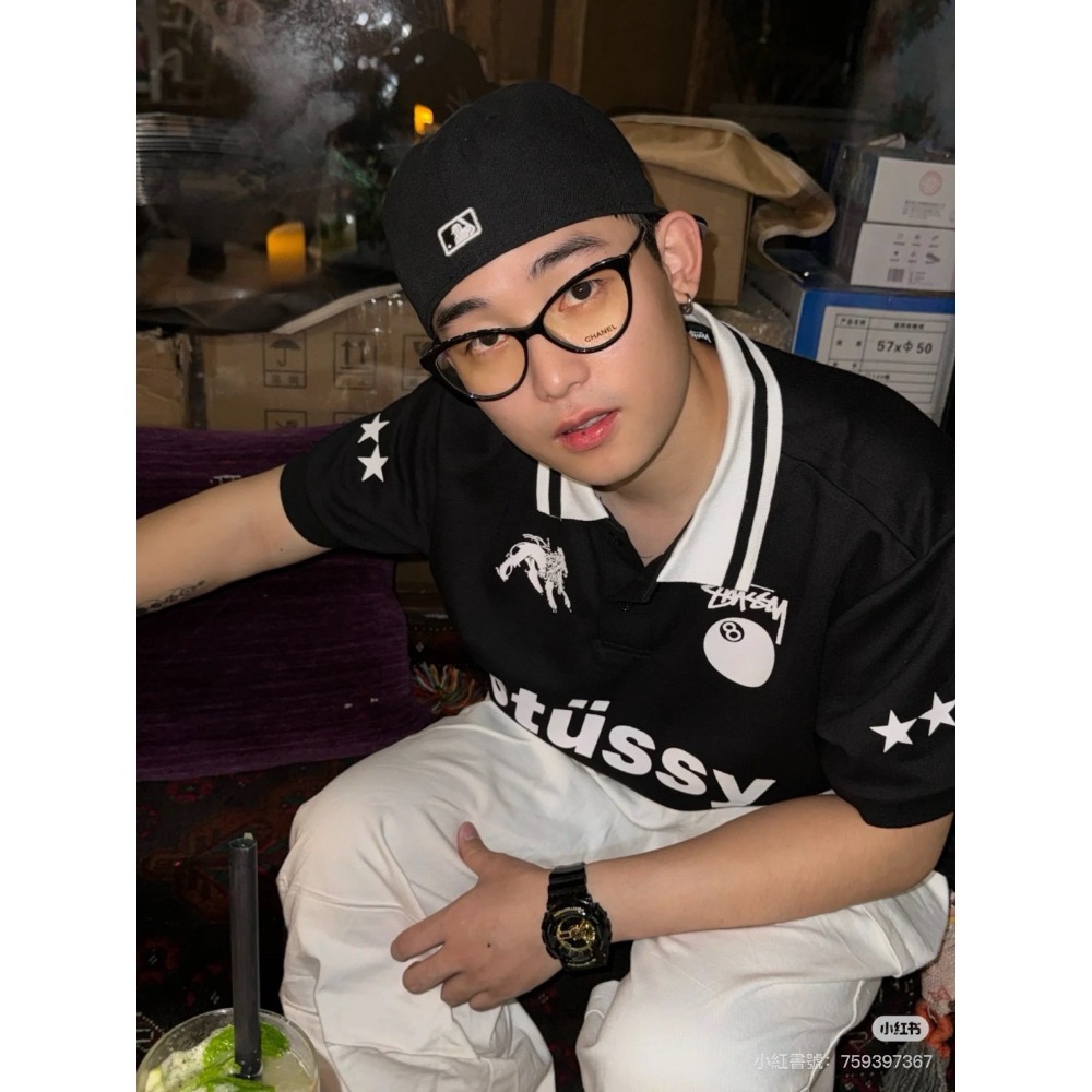 Stussy 黑8字母圖案logo印花休閒情侶寬松短袖POLO衫-細節圖5