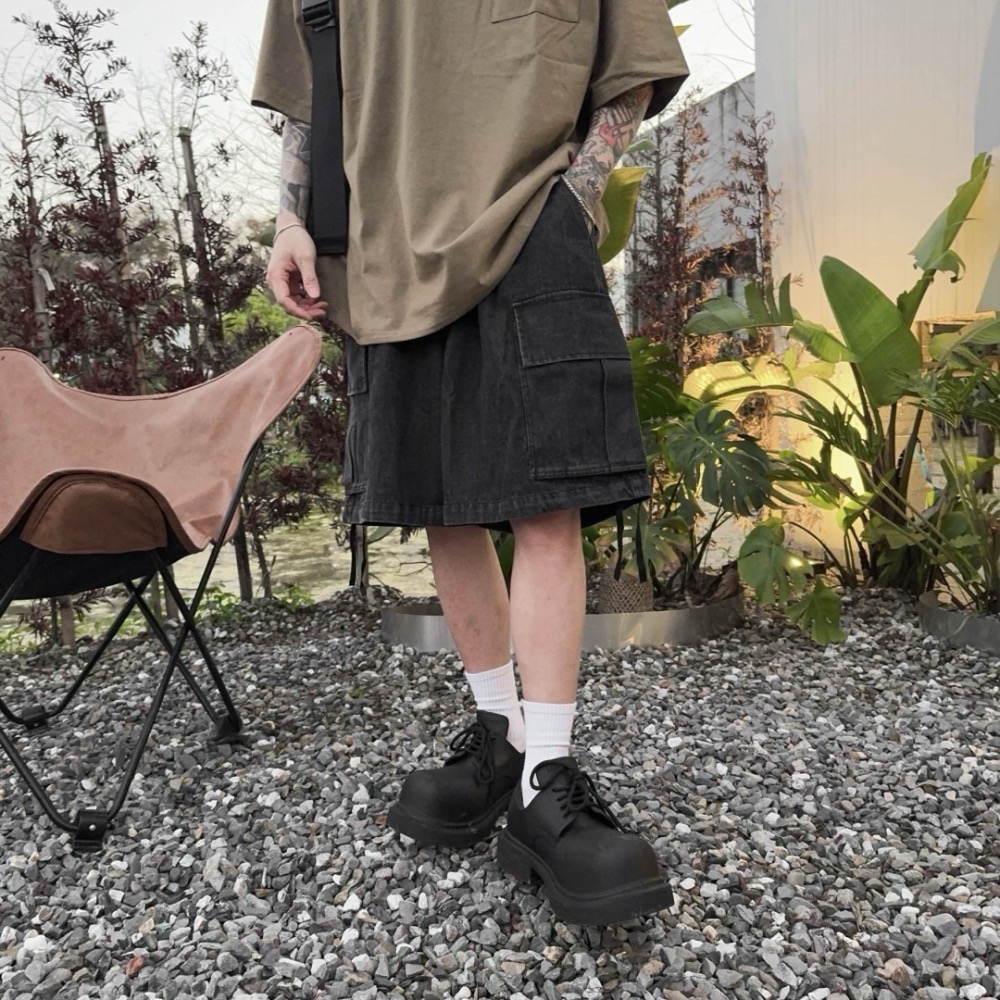 大口袋寬版拉繩牛仔短褲-細節圖3