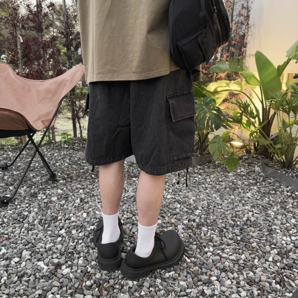 大口袋寬版拉繩牛仔短褲-細節圖4