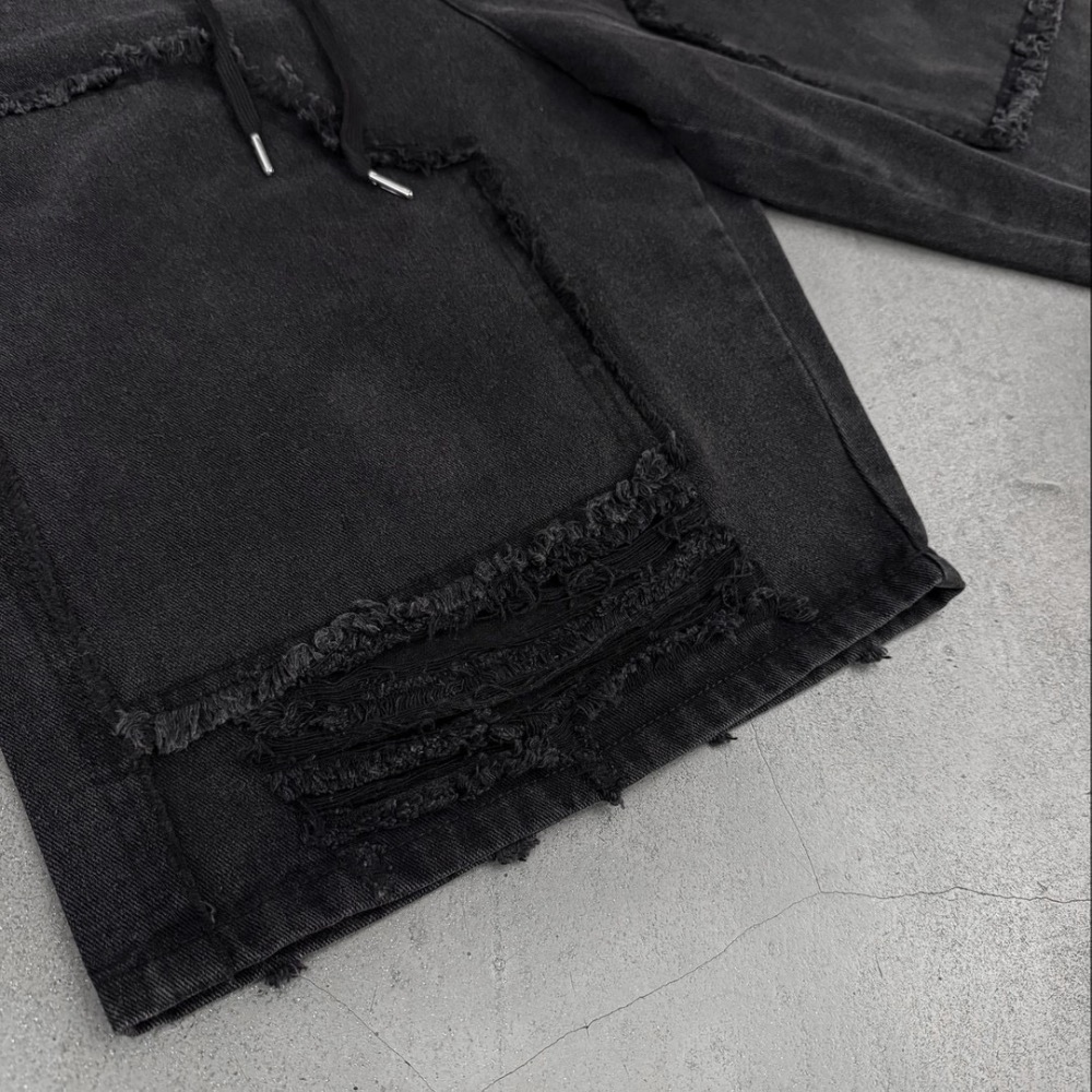 現貨 男女不拘黑系破壞七分牛仔報童褲-細節圖8