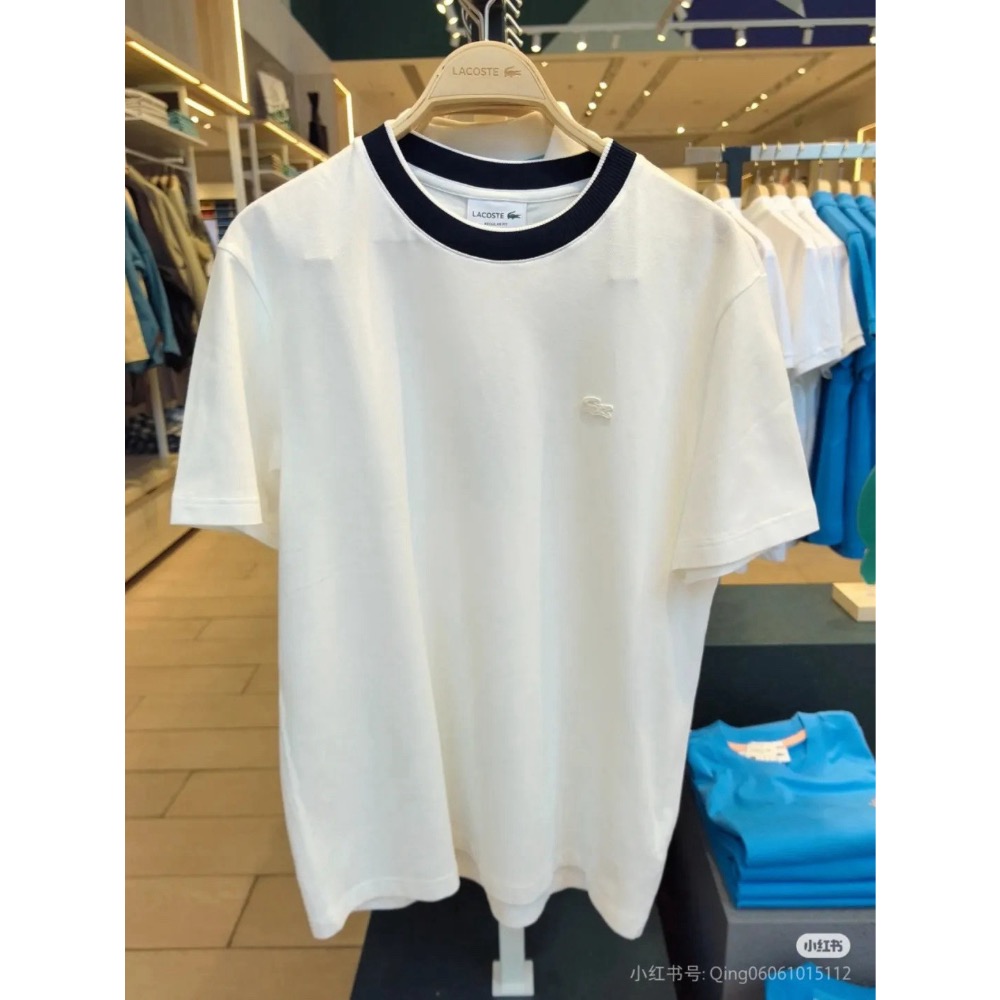 LACOSTE質感鱷魚珠地棉男女款 扁機撞色線條領口短袖T恤-細節圖2
