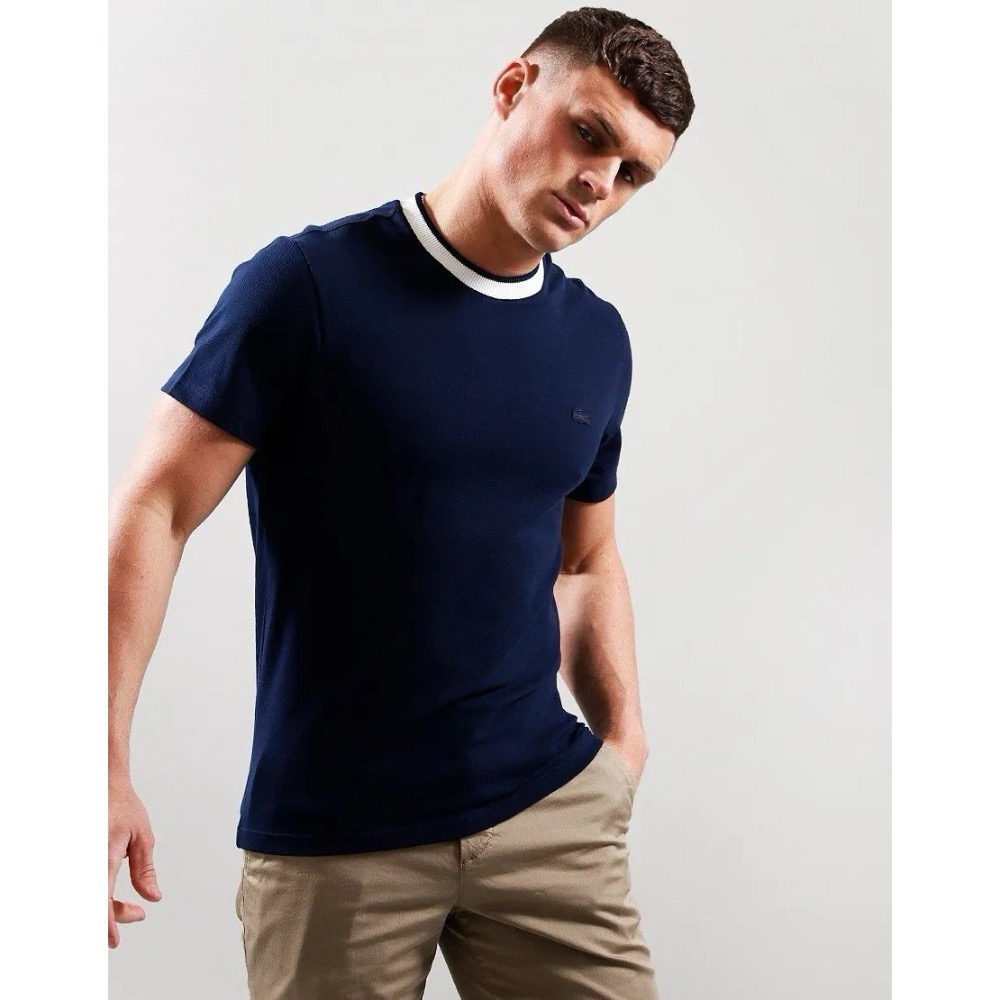 LACOSTE質感鱷魚珠地棉男女款 扁機撞色線條領口短袖T恤-細節圖3