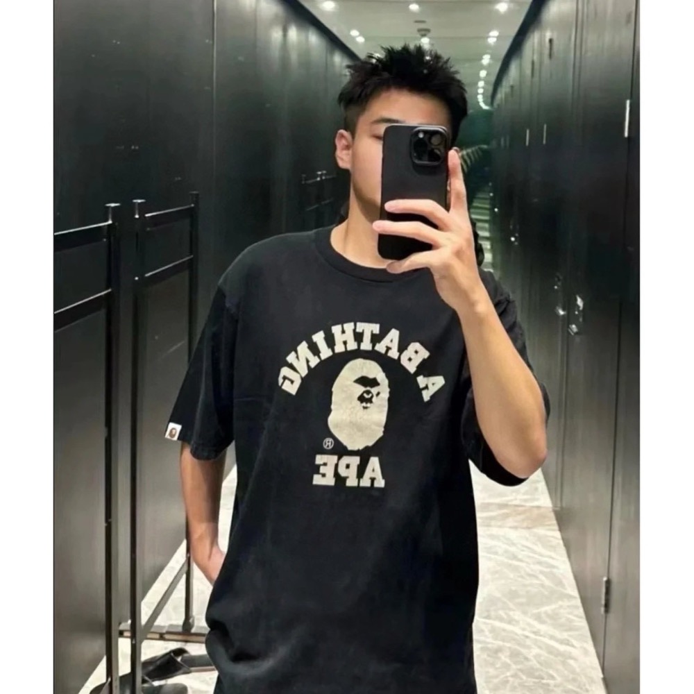 Bape 仿舊裂紋猿人頭字母Logo印花 復古水洗短袖T恤 男女同款-細節圖2