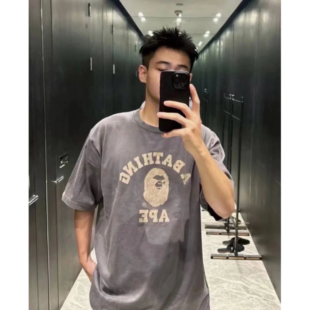 Bape 仿舊裂紋猿人頭字母Logo印花 復古水洗短袖T恤 男女同款-細節圖3