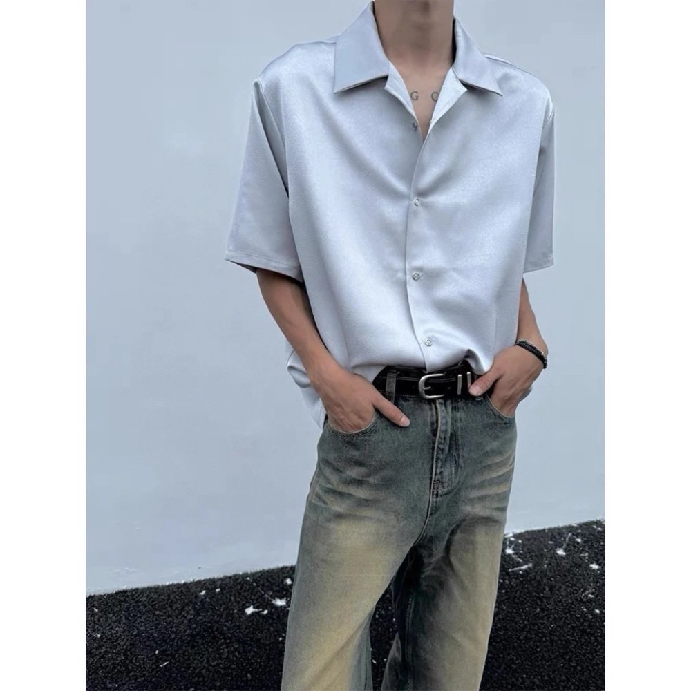 你需要的夏日高級感穿搭#【霧面皮紋理】醋酸混紡 冰絲垂墜肌理感古巴領短袖襯衫 男女同款 2018-細節圖3
