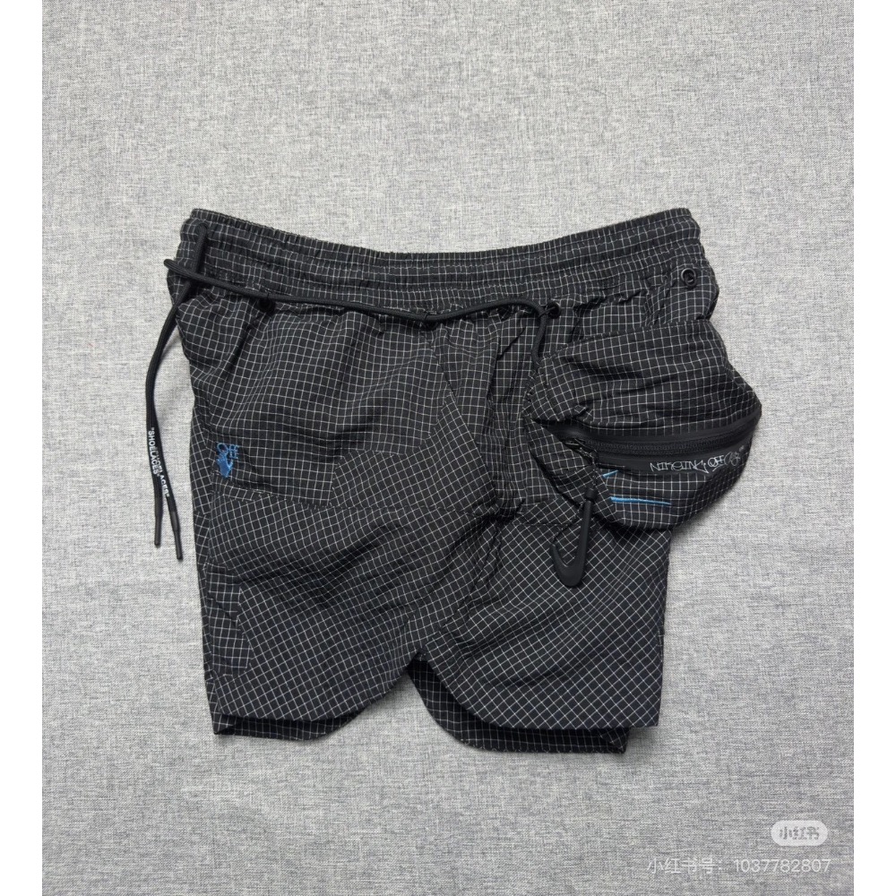 隱藏限定款  Nike x Off-White™聯名系列Lab倒鈎 金屬刺繡防水抽繩直筒休閒短褲 亞版 男款 黑色DN1-細節圖2