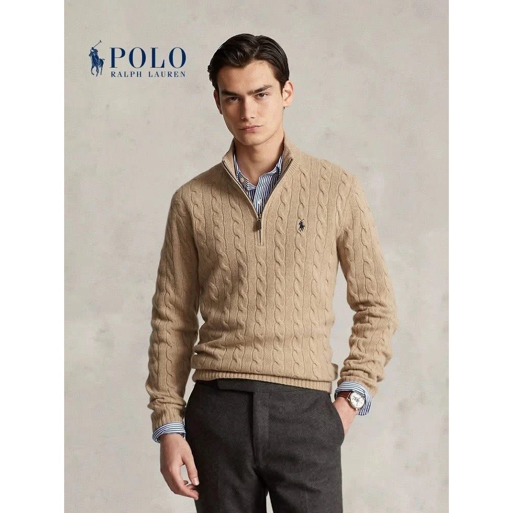 【一眼老錢】Old Money Aesthetic Ralph Lauren 小馬刺繡 半拉鍊 立領 長袖麻花針織毛衣-細節圖2