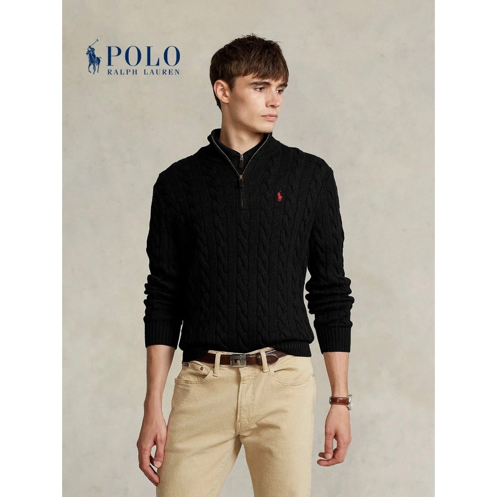 【一眼老錢】Old Money Aesthetic Ralph Lauren 小馬刺繡 半拉鍊 立領 長袖麻花針織毛衣-細節圖3