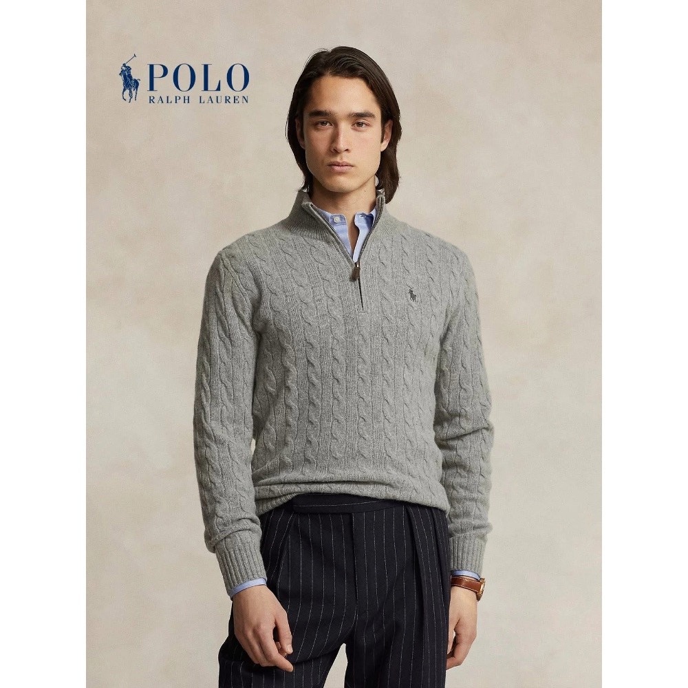 【一眼老錢】Old Money Aesthetic Ralph Lauren 小馬刺繡 半拉鍊 立領 長袖麻花針織毛衣-細節圖4
