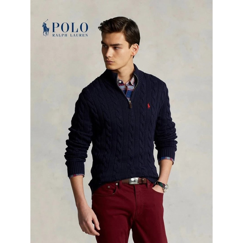 【一眼老錢】Old Money Aesthetic Ralph Lauren 小馬刺繡 半拉鍊 立領 長袖麻花針織毛衣-細節圖5