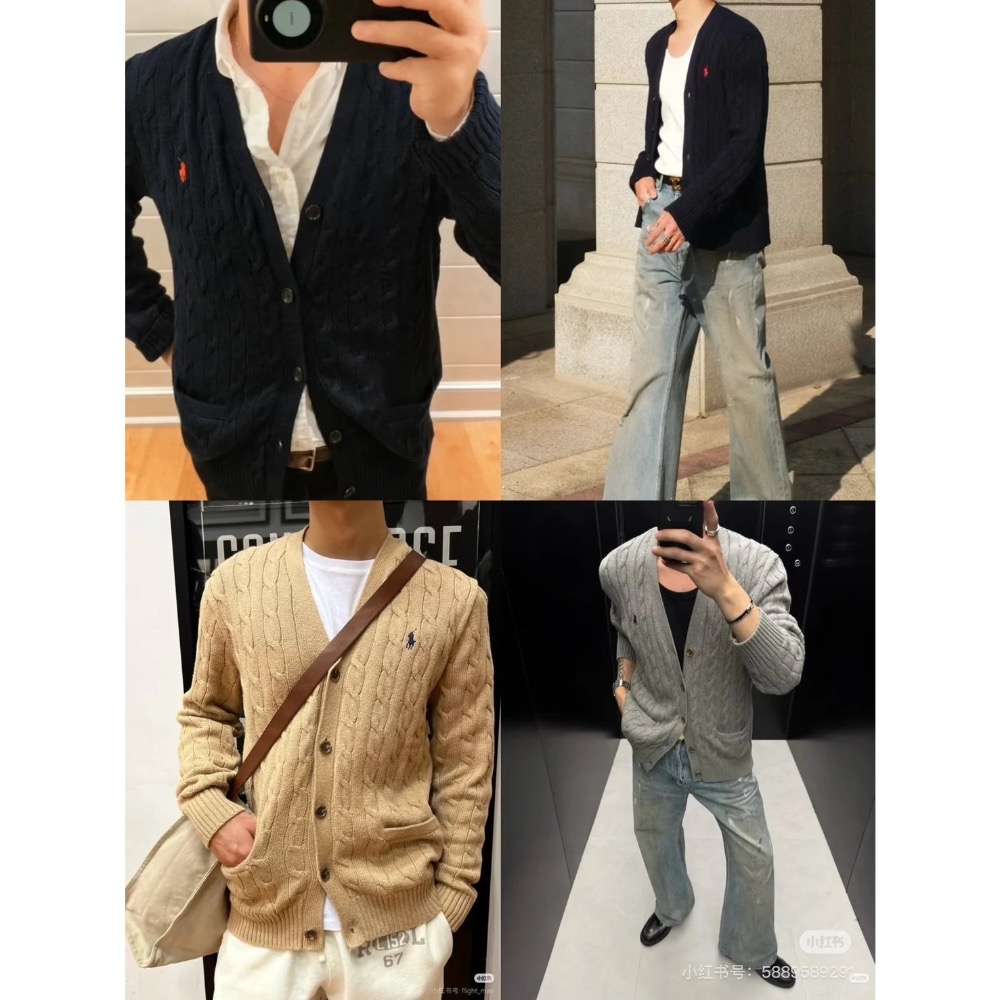 秋冬疊穿的高級#【優雅與鬆弛】ralph Lauren 小馬刺繡Logo  麻花針織 翻領紐扣開衫毛衣外套 男女同款-細節圖4