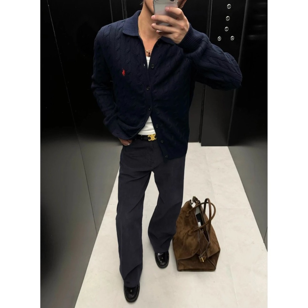 秋冬疊穿的高級#【優雅與鬆弛】ralph Lauren 小馬刺繡Logo  麻花針織 翻領紐扣開衫毛衣外套 男女同款-細節圖8