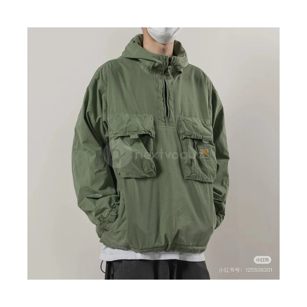 十一福利#carhartt經典方標  水洗蠟染 復古機能 半拉鍊連帽口袋工裝外套 男女同款-細節圖2